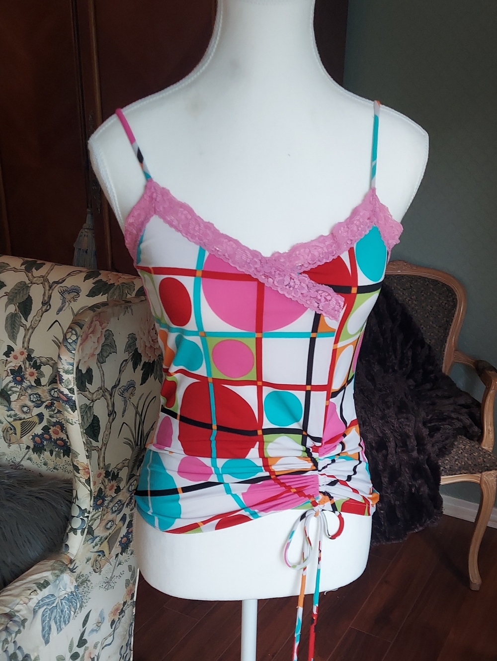 579 Pink Trim Geo-Print Spaghetti Strap Camisole
